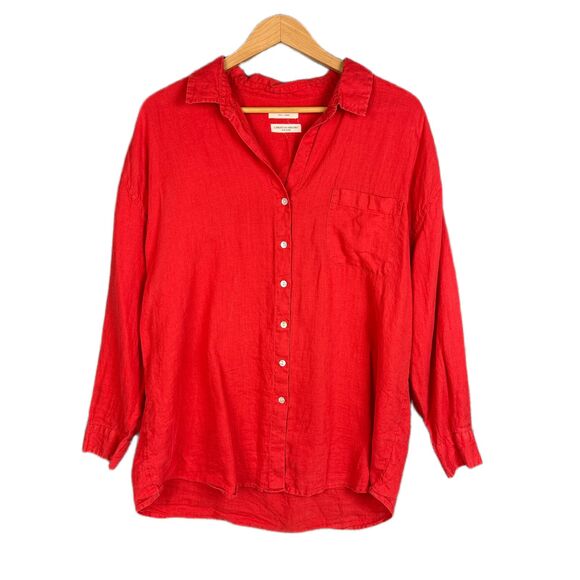 Christian Siriano NY Bright Red Linen Oversized Long Sleeve Shirt Lagenlook L - Picture 1 of 9